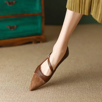 Xajzpa Women Flat Women's Pointed Toe Retro Single Shoes One Word Buckle Round Mary Jane Shoes Ballerina Flats Mujer